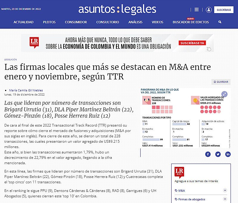 Las firmas locales que ms se destacan en M&A entre enero y noviembre, segn TTR